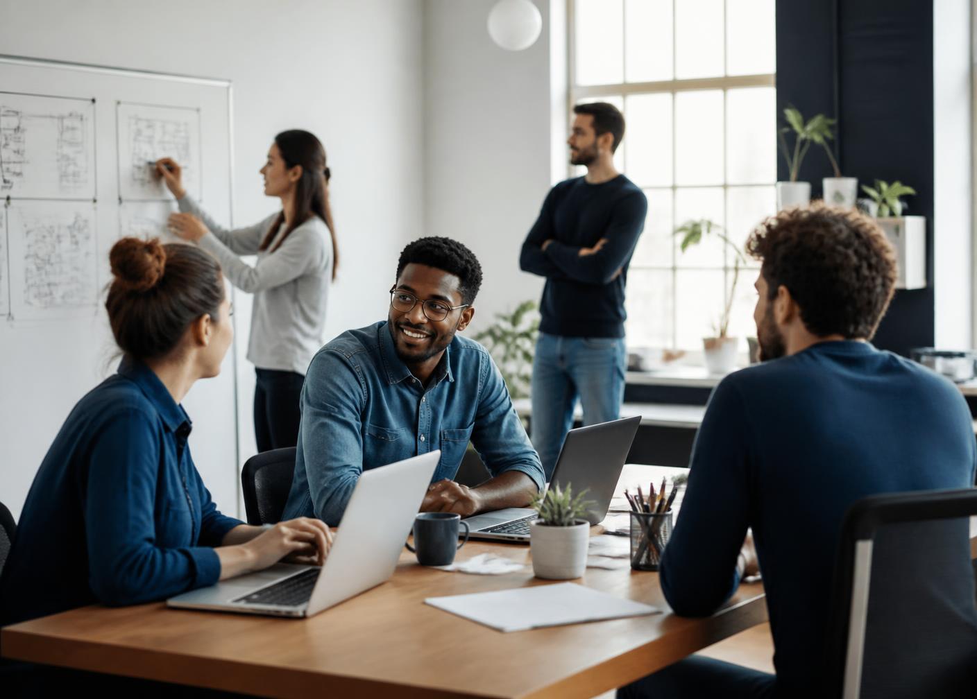 InfoTime team collaborating around a whiteboard in a bright studio workspace